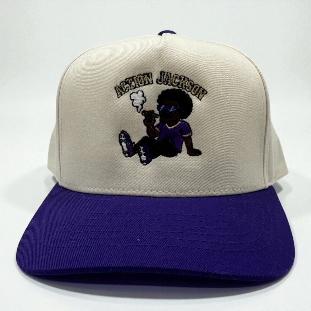 Lamar Action Jackson Embroidered Trucker Hat | Cream & Purple Snapback